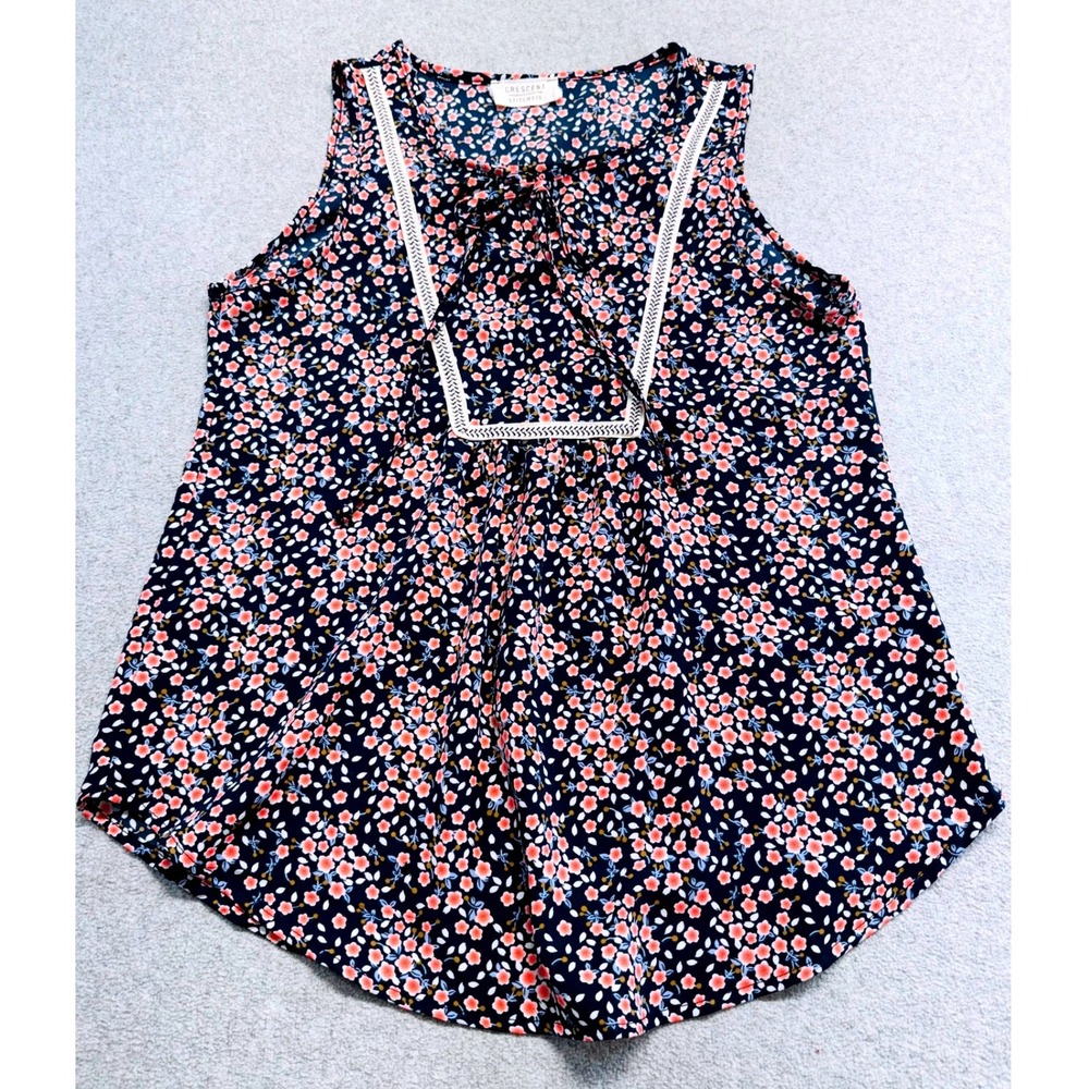 Crescent Stitch Fix Womens S Floral Sleeveless Blouse Navy Tie Neck Crochet Trim